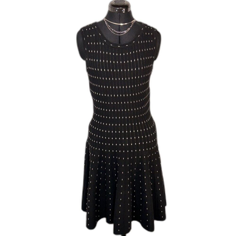Metaphor Black White Dash Print Fit and Flare Knit Dress